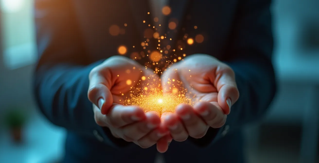 Mains protégeant symboliquement des données numériques d'entreprise