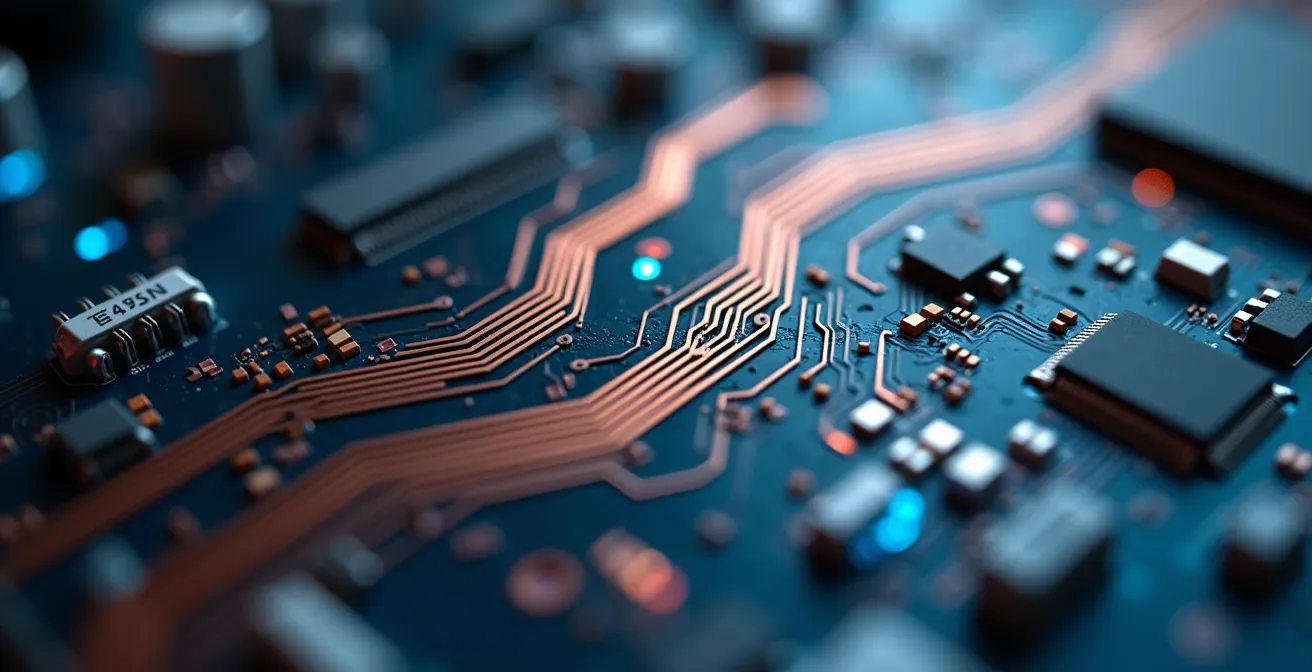 Vue macro de circuits électroniques sécurisés interconnectés